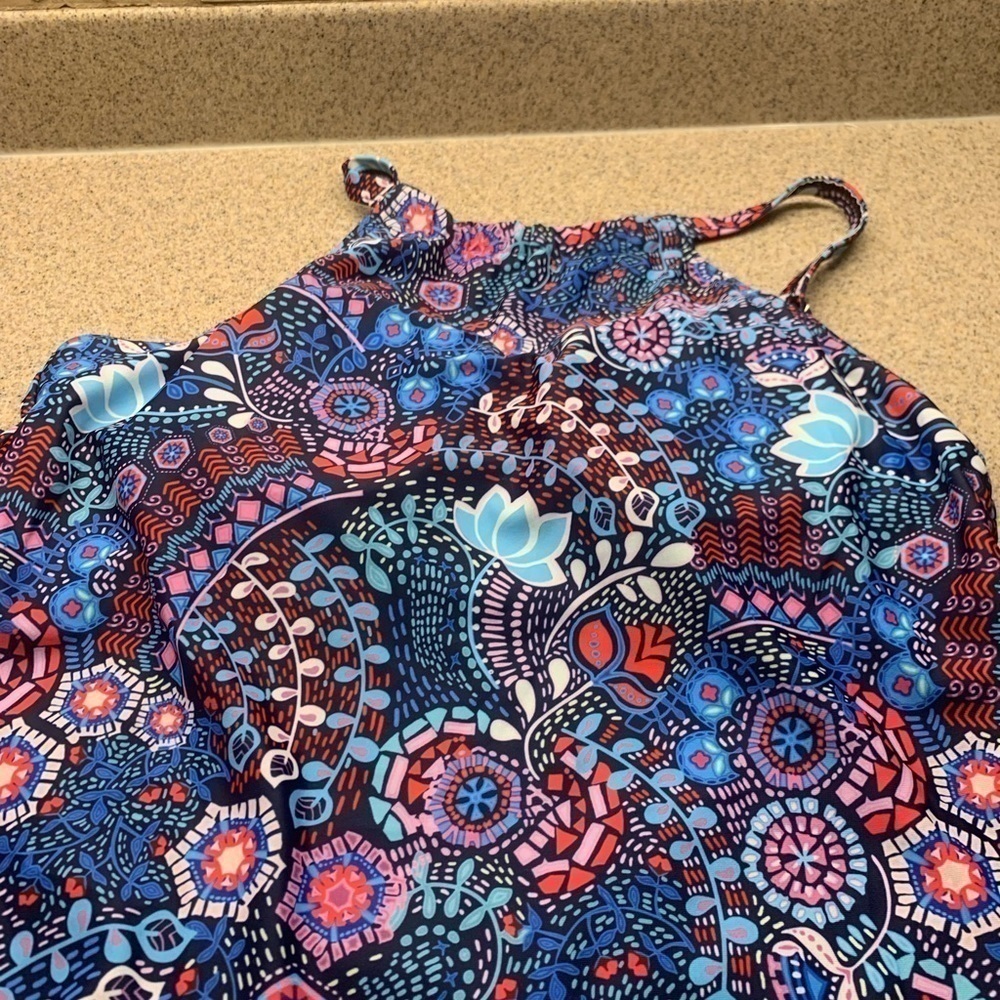 Tankini -purple bottom and multi color high neck halter like top. Medium